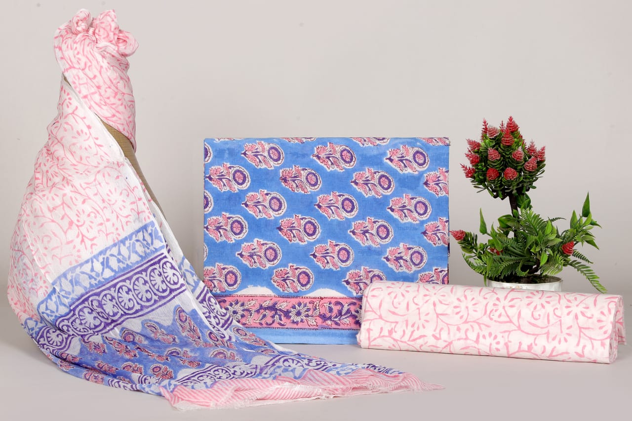 Hand Block Cotton Suit with Chiffon Dupatta
