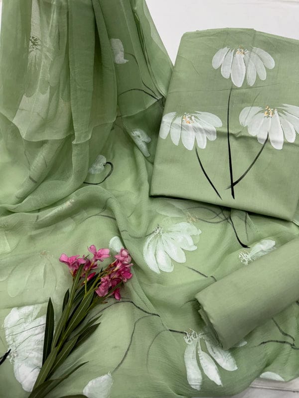 Hand Printed Cotton Suit With Chiffon Dupatta