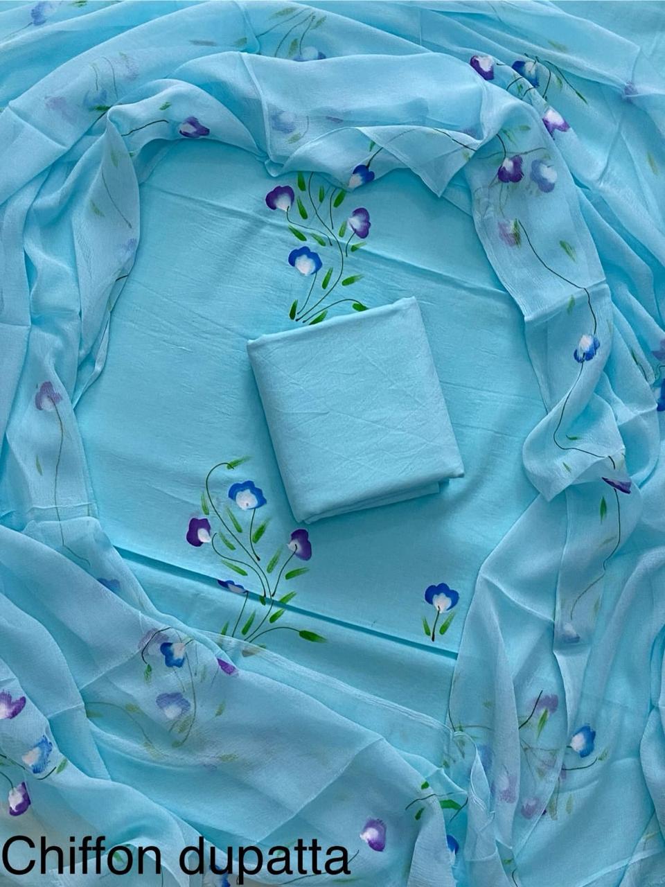 Hand Printed Cotton Suit With Chiffon Dupatta