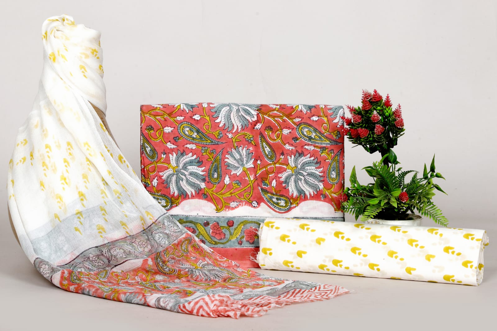 Hand Block Cotton Suit with Chiffon Dupatta