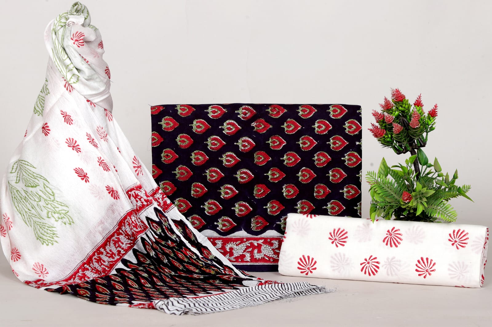 Hand Block Cotton Suit with Chiffon Dupatta