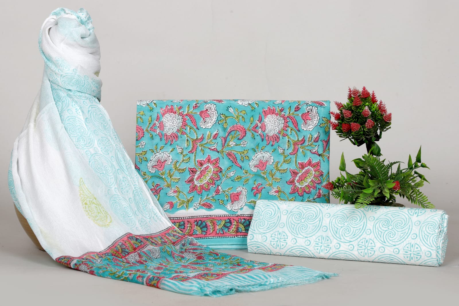 Hand Block Cotton Suit with Chiffon Dupatta
