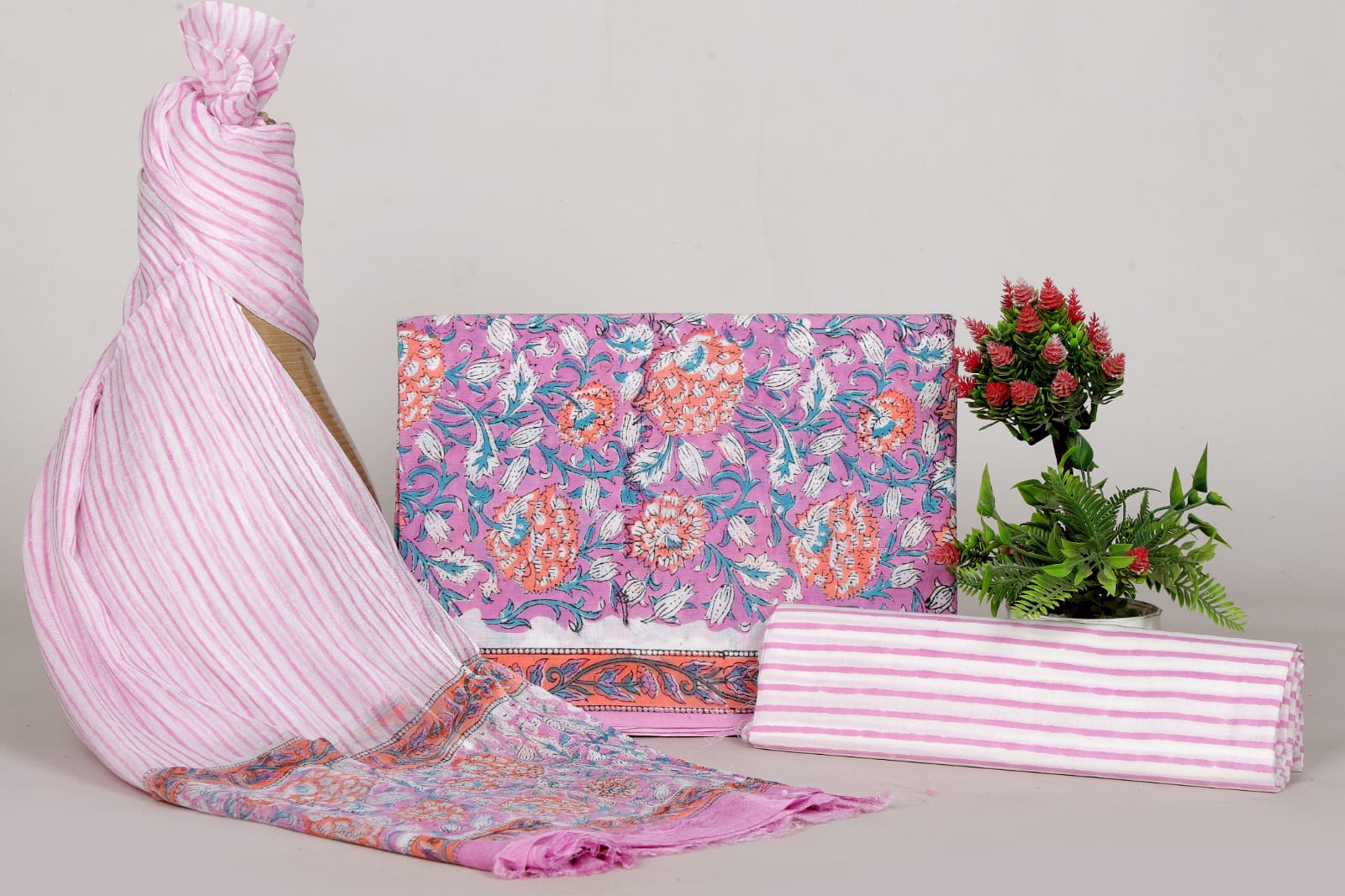 Hand Block Cotton Suit with Chiffon Dupatta