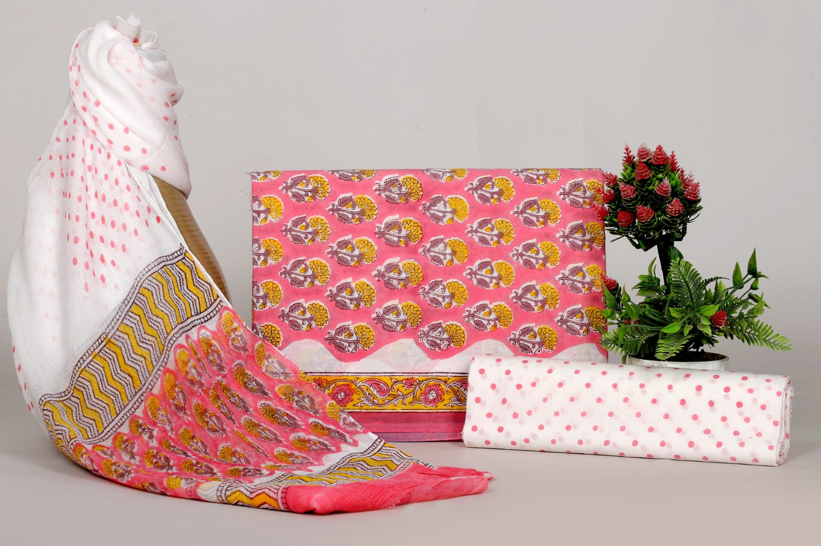 Hand Block Cotton Suit with Chiffon Dupatta