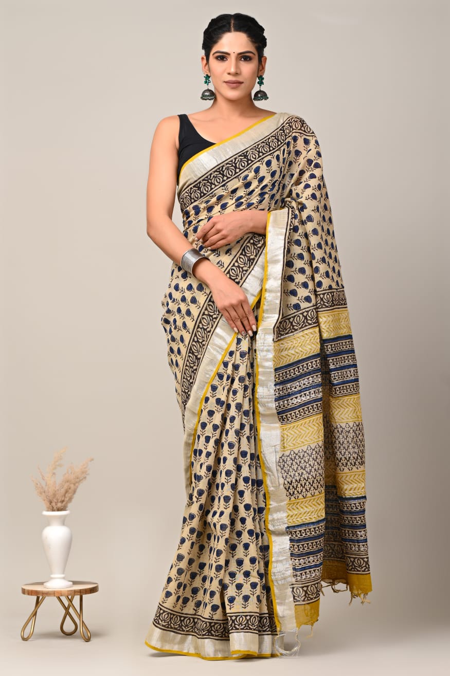Hand Block Printed Linen Saree