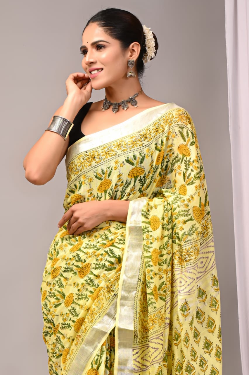 Hand Block Printed Linen Saree