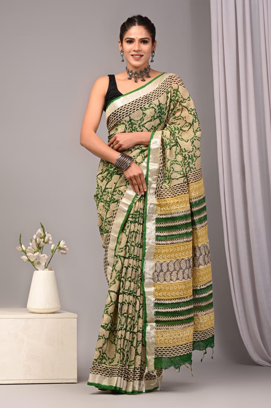 Hand Block Printed Linen Saree