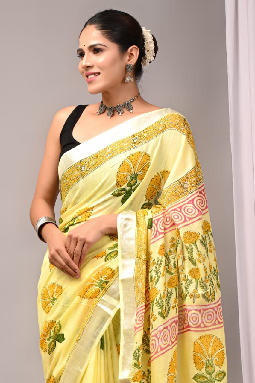 Hand Block Printed Linen Saree