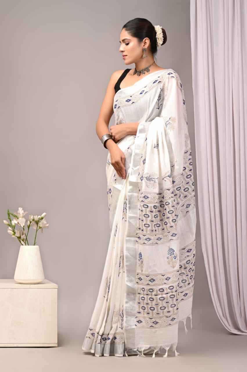 Hand Block Printed Linen Saree