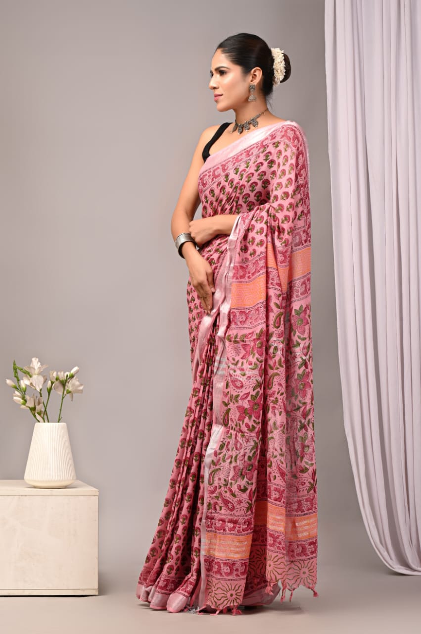 Hand Block Printed Linen Saree