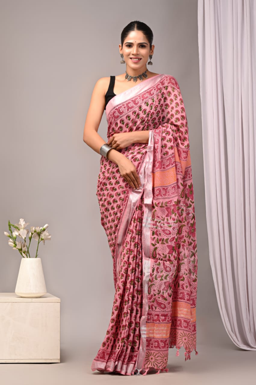 Hand Block Printed Linen Saree