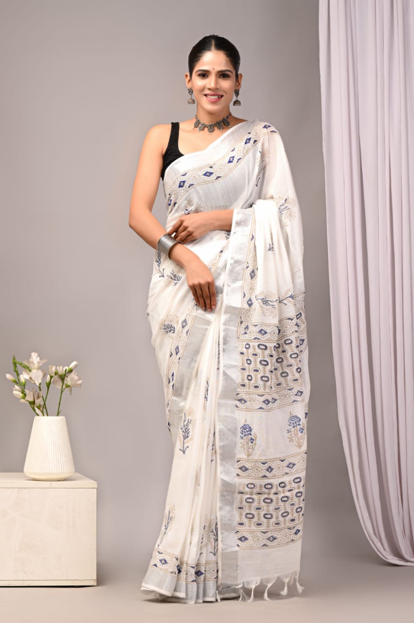 Hand Block Printed Linen Saree