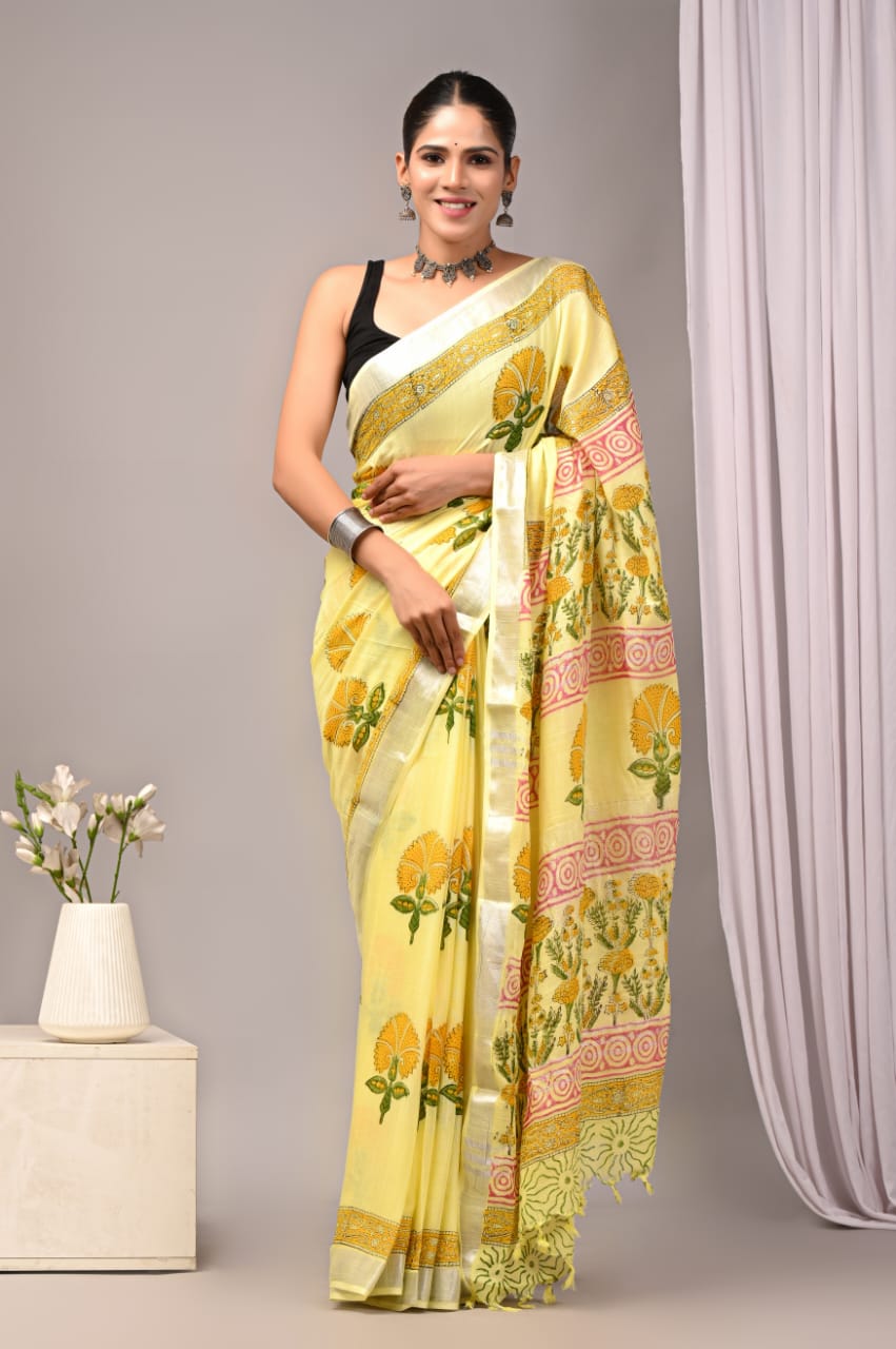 Hand Block Printed Linen Saree