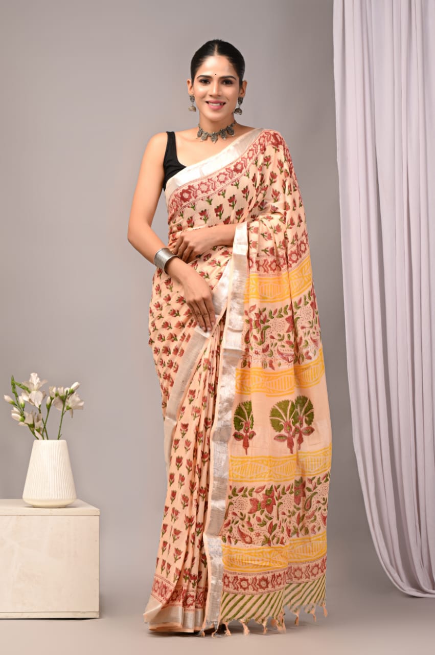 Hand Block Printed Linen Saree