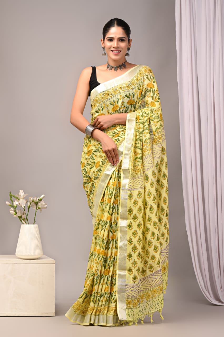 Hand Block Printed Linen Saree