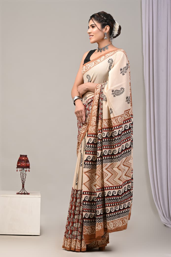 Hand Block Printed Cotton Mulmul Saree