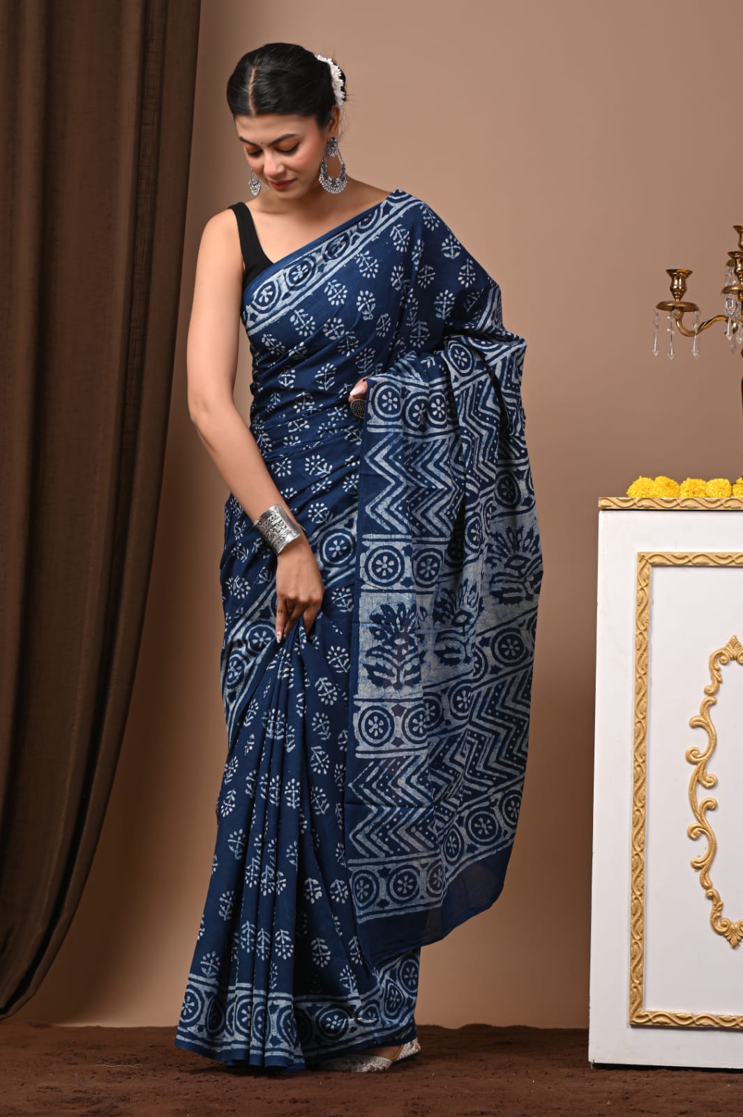 Hand Block Printed Cotton Mulmul Saree