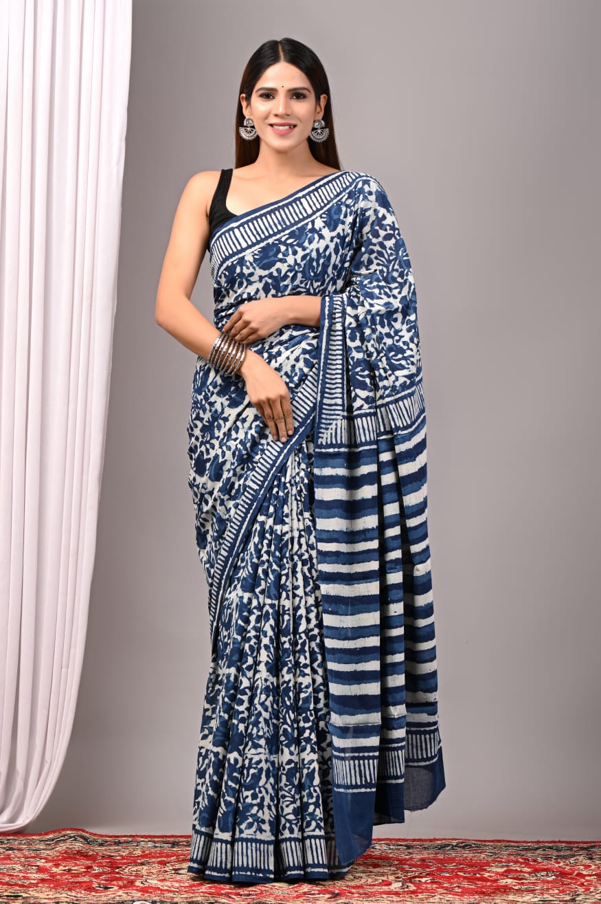 Hand Block Printed Cotton Mulmul Saree