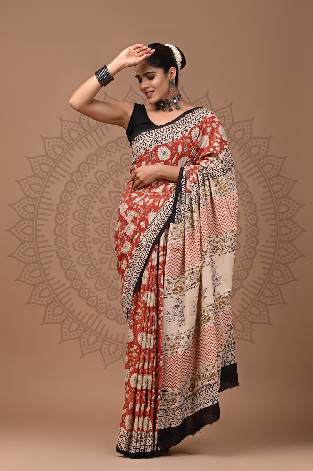 Hand Block Printed Cotton Mulmul Saree