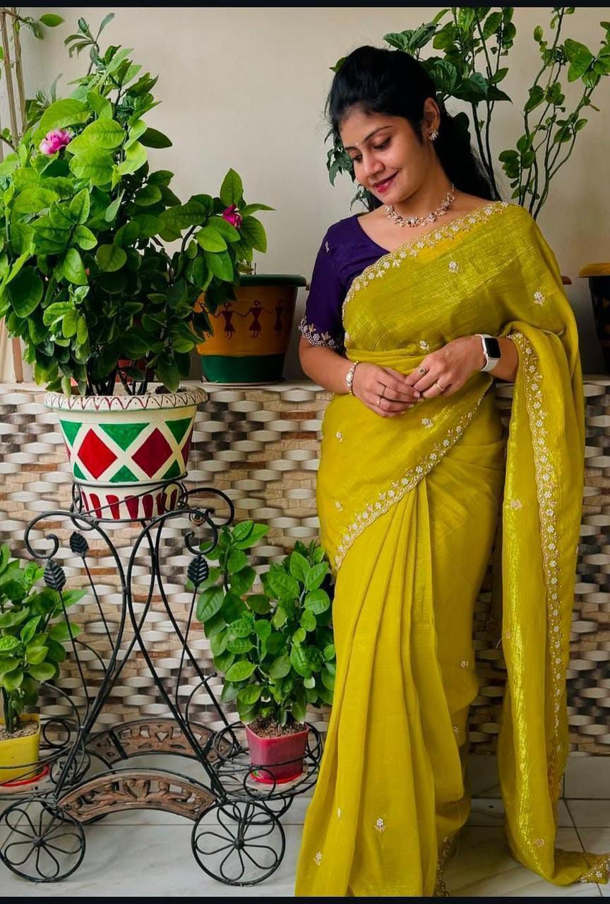 Chiffon Crush Silk Saree with Embroidery