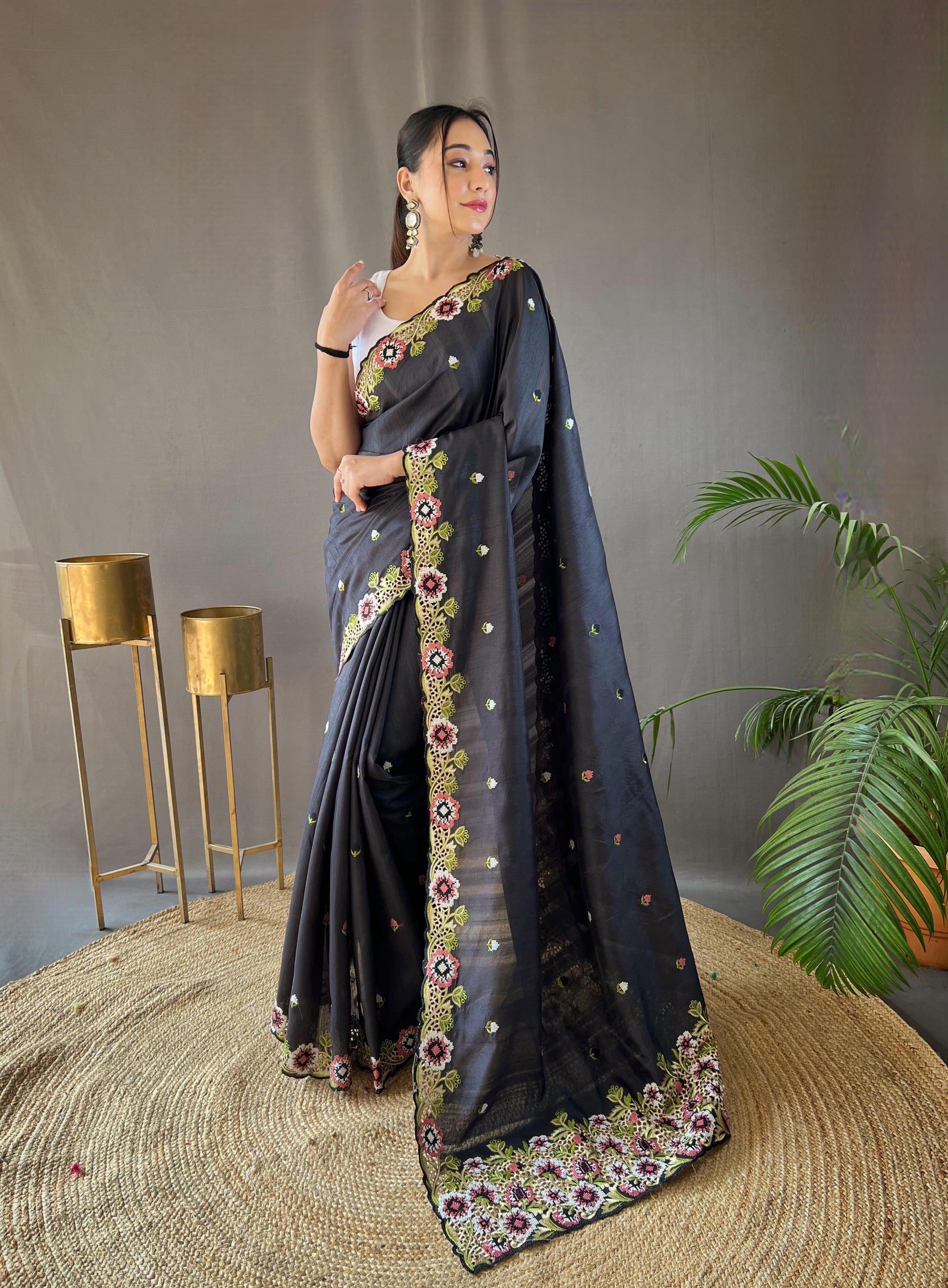 Matka Silk with Embroidery & Cutwork Saree