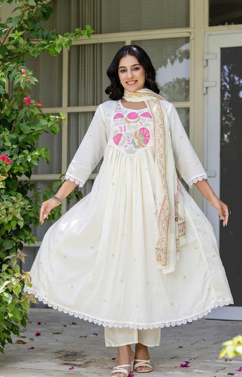 Elegant Light Cream Cotton Anarkali Kurta Set