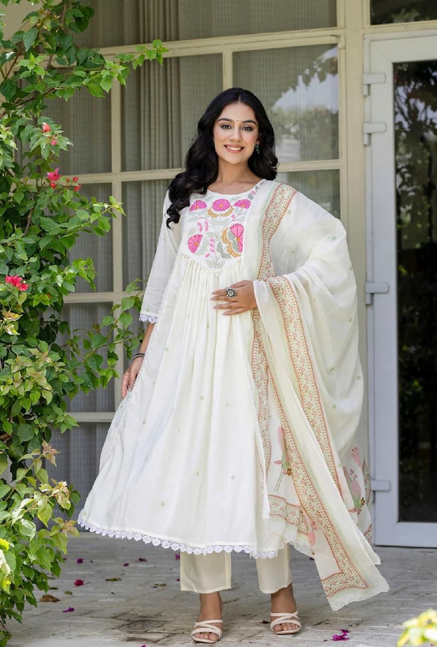 Elegant Light Cream Cotton Anarkali Kurta Set