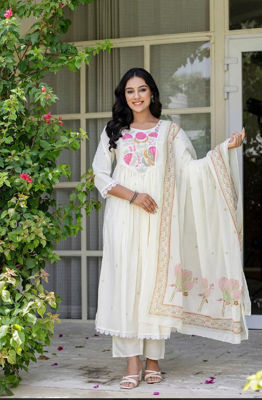 Elegant Light Cream Cotton Anarkali Kurta Set