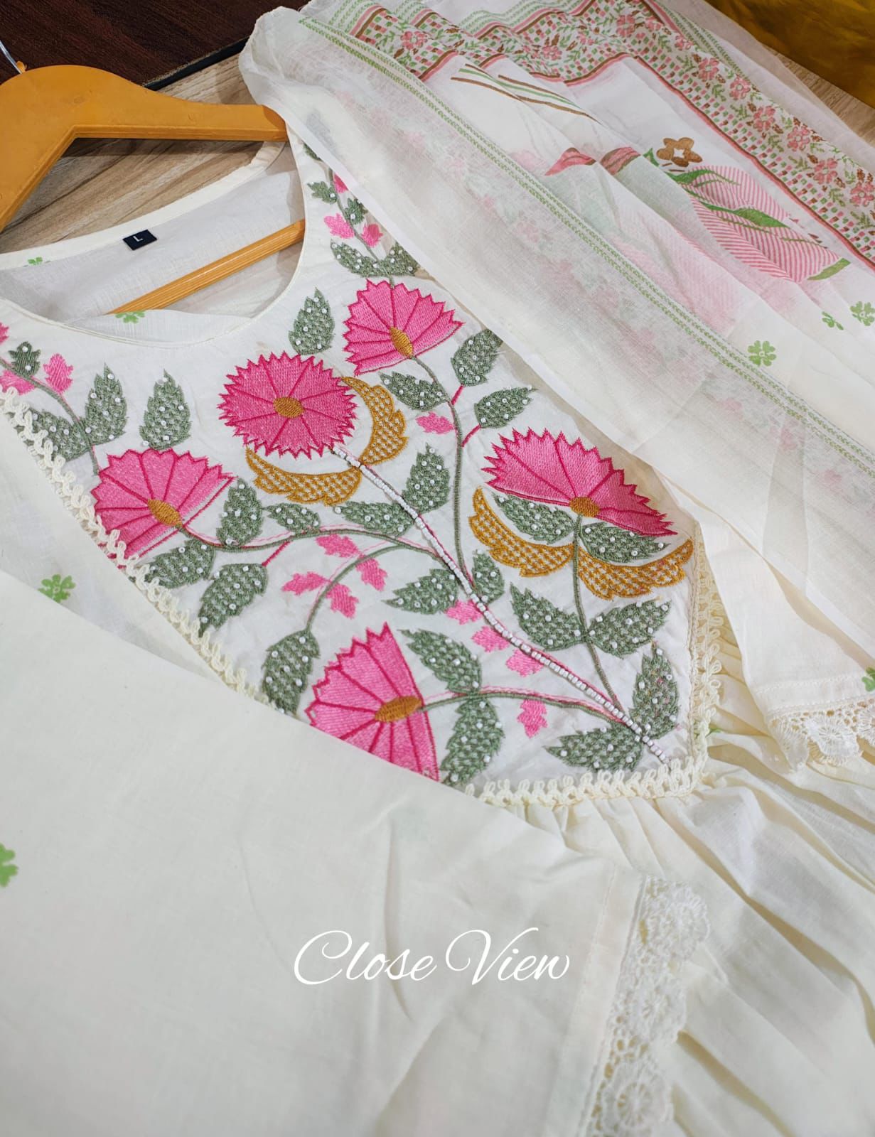 Elegant Light Cream Cotton Anarkali Kurta Set