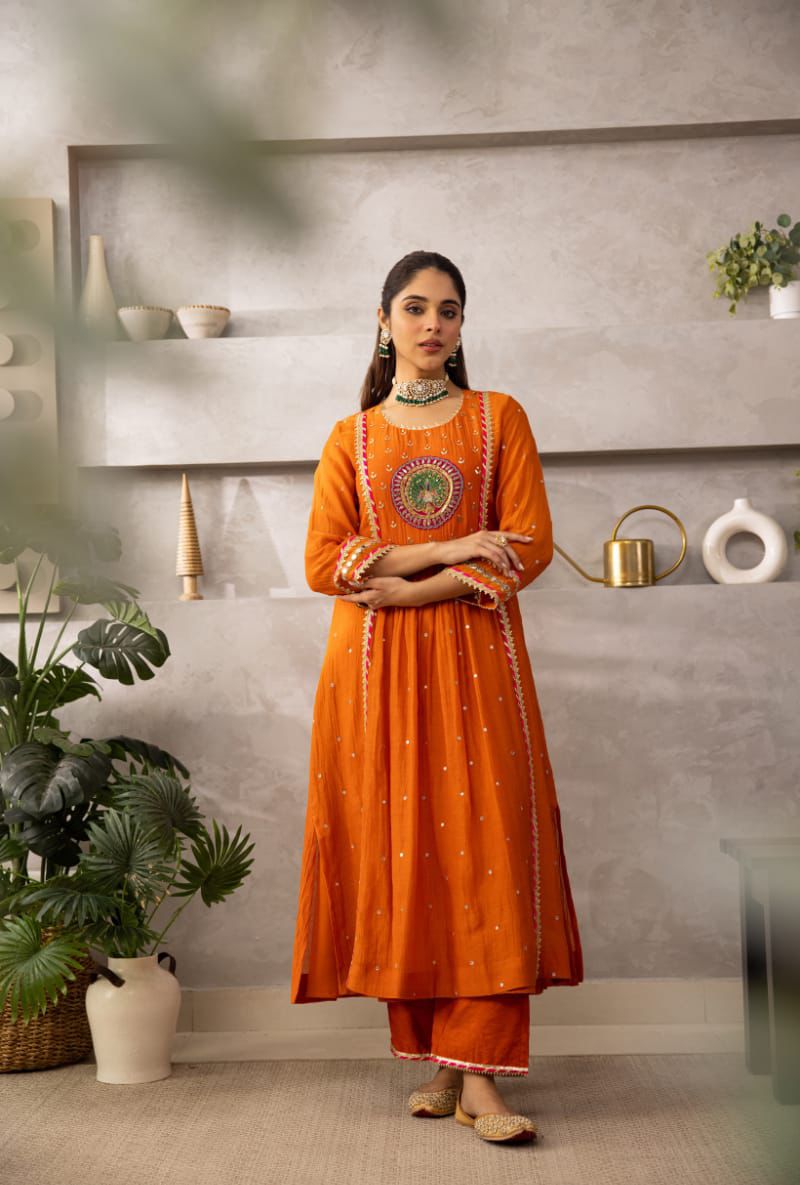 Rust Peacock Motif Cotton Kurta Set