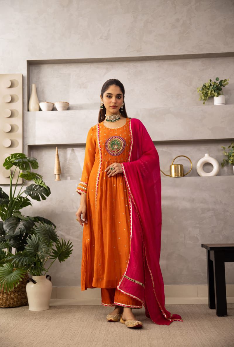 Rust Peacock Motif Cotton Kurta Set