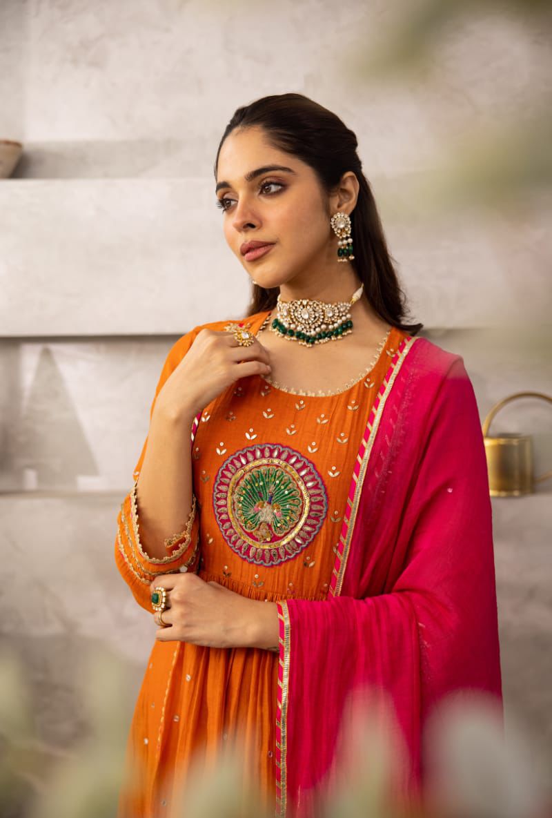 Rust Peacock Motif Cotton Kurta Set