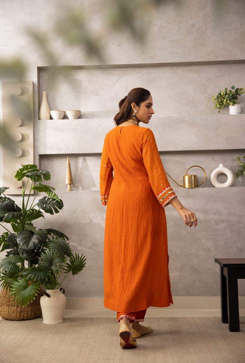 Rust Peacock Motif Cotton Kurta Set