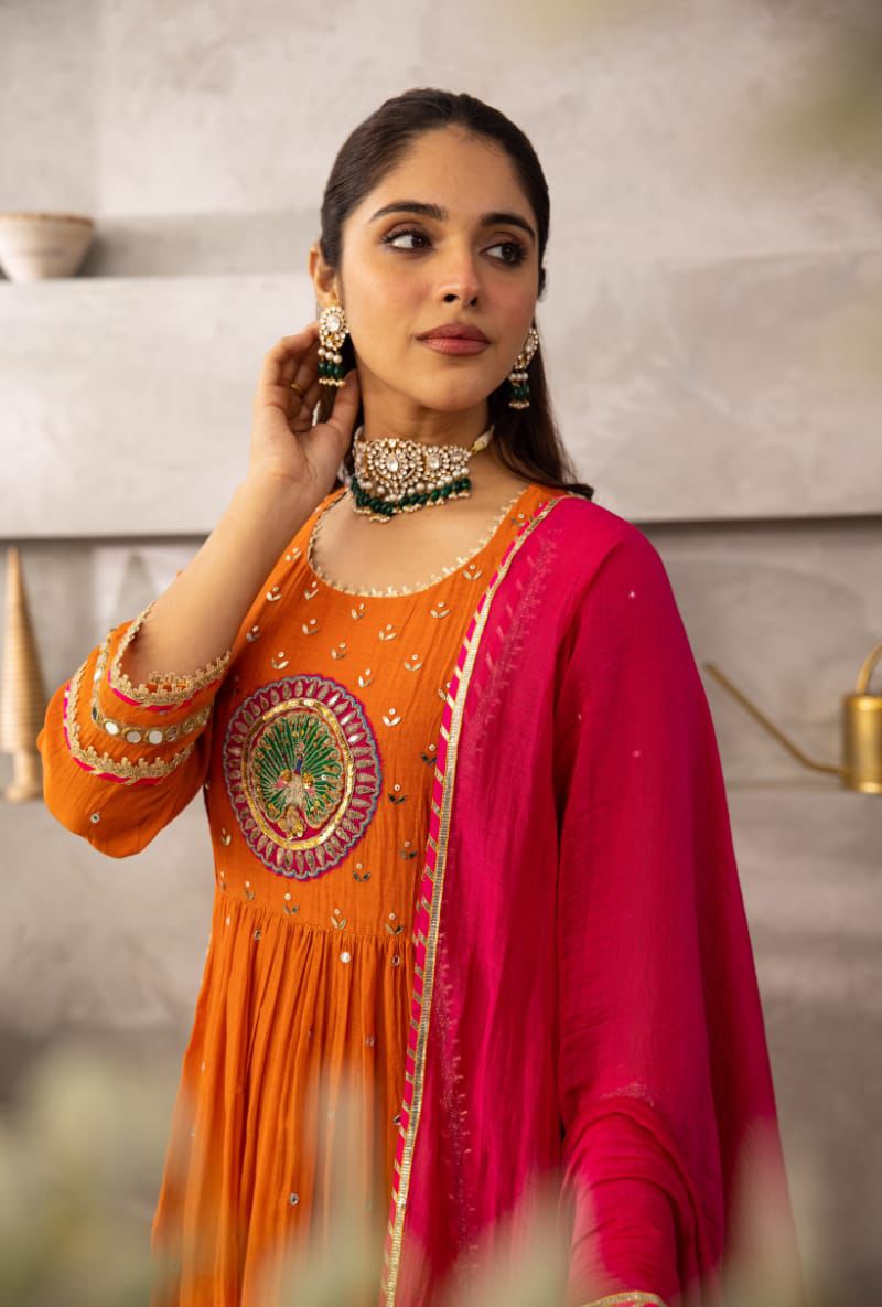 Rust Peacock Motif Cotton Kurta Set