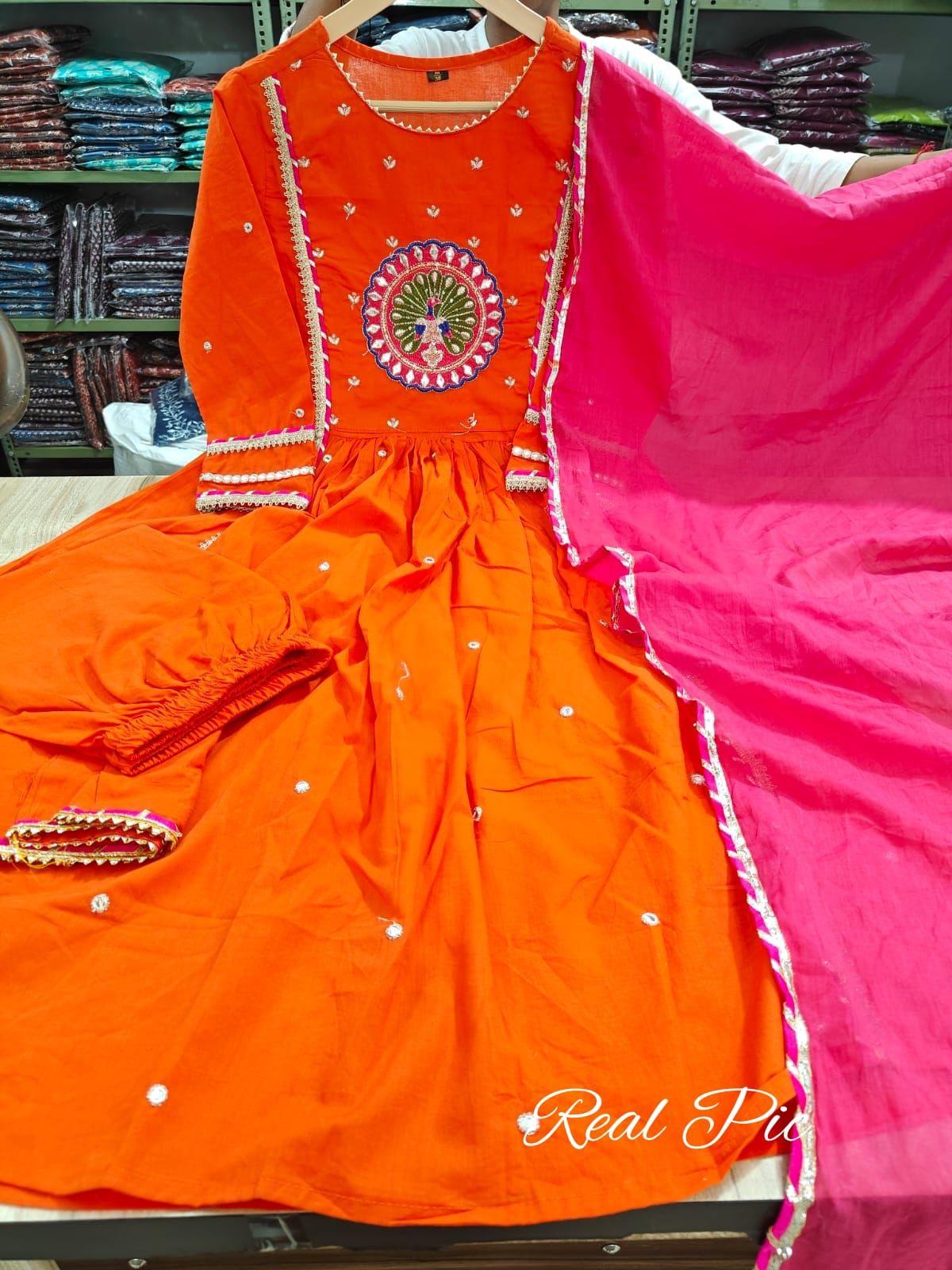 Rust Peacock Motif Cotton Kurta Set