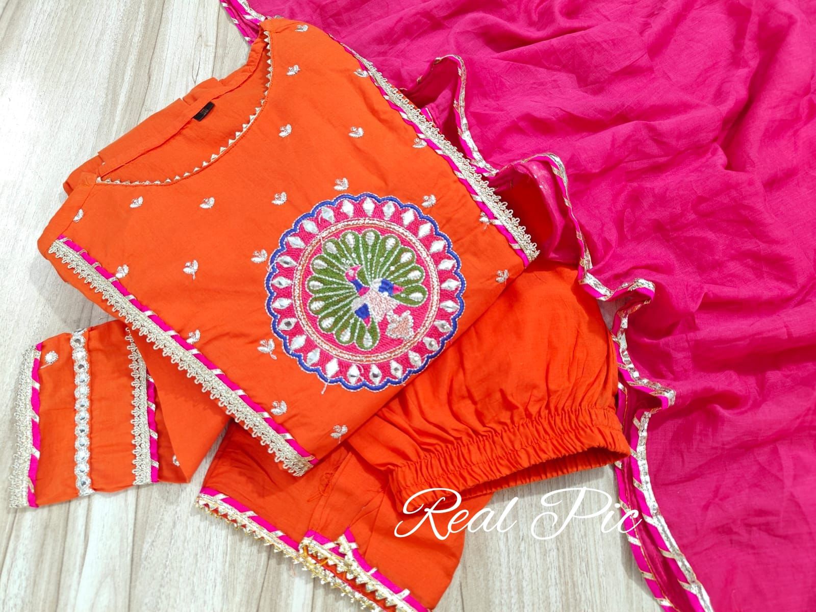 Rust Peacock Motif Cotton Kurta Set