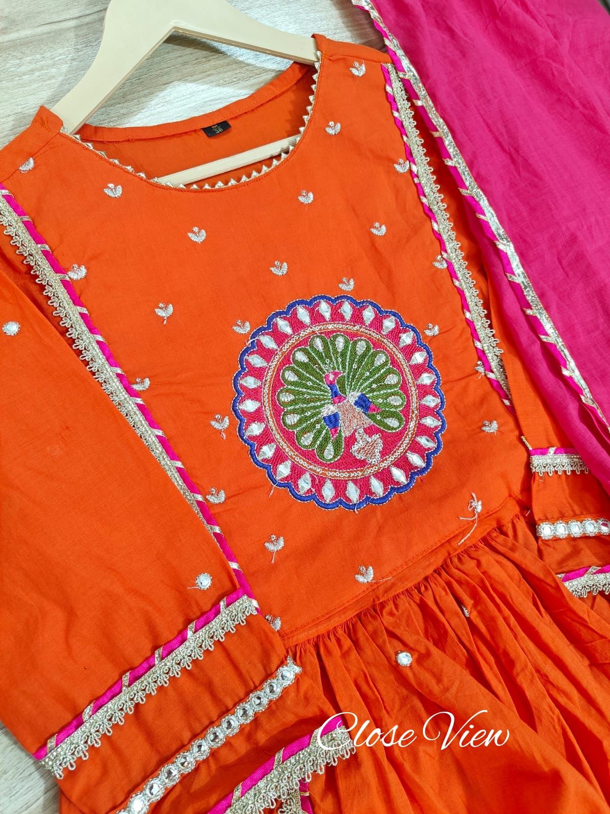 Rust Peacock Motif Cotton Kurta Set
