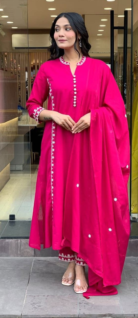 Abstract Floral Cotton Kurta Set With Mulmul Dupatta