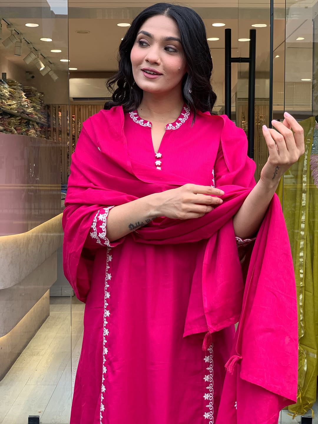 Abstract Floral Cotton Kurta Set With Mulmul Dupatta