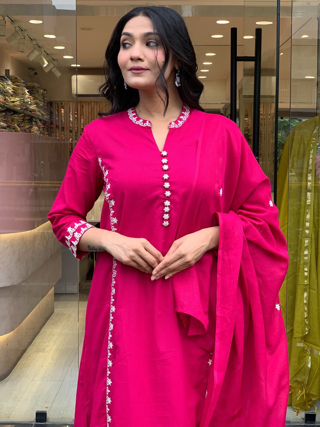Abstract Floral Cotton Kurta Set With Mulmul Dupatta