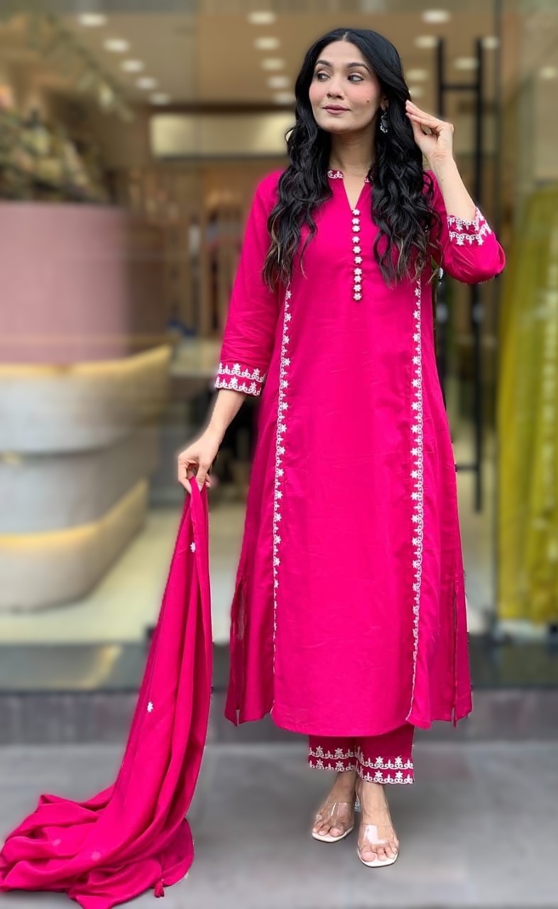Abstract Floral Cotton Kurta Set With Mulmul Dupatta