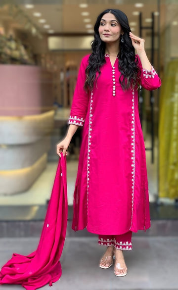 Abstract Floral Cotton Kurta Set With Mulmul Dupatta