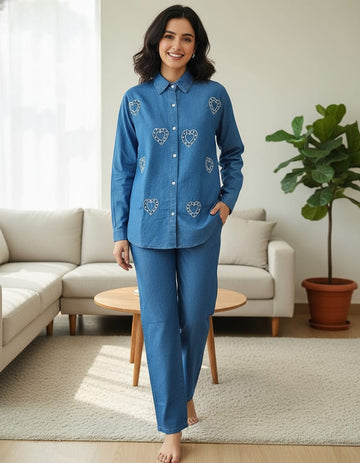 Heart Embroidery  Light Indigo Denim Cord Set