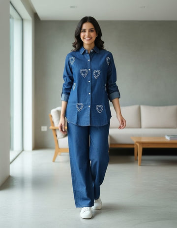 Heart Embroidery Dark Indigo  Denim Cord Set