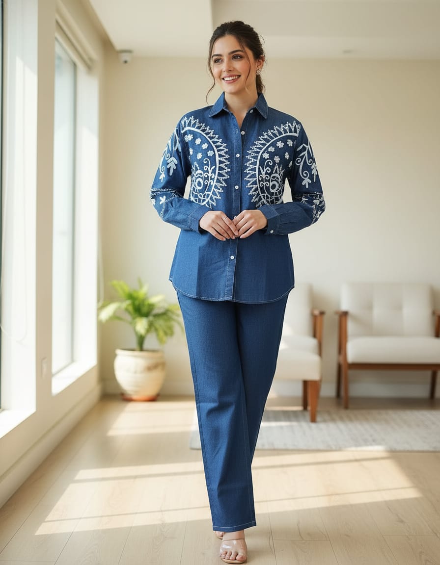 Dark Indigo Embroidered Denim Cord Set