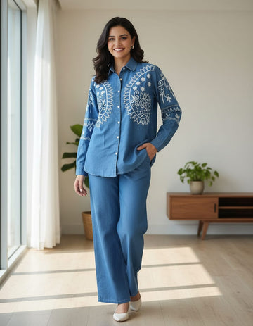 Embroidered Light Indigo Denim Cord Set