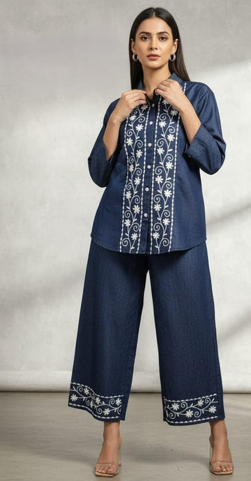 Stylish Embroidered Dark Indigo Denim Co-ord