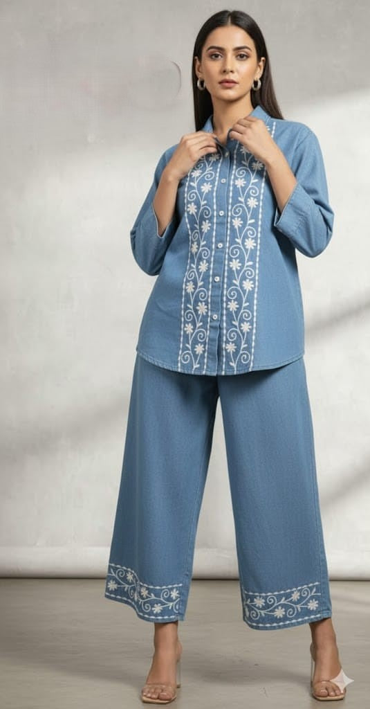 Stylish Embroidered Light Indigo Denim Co-ord