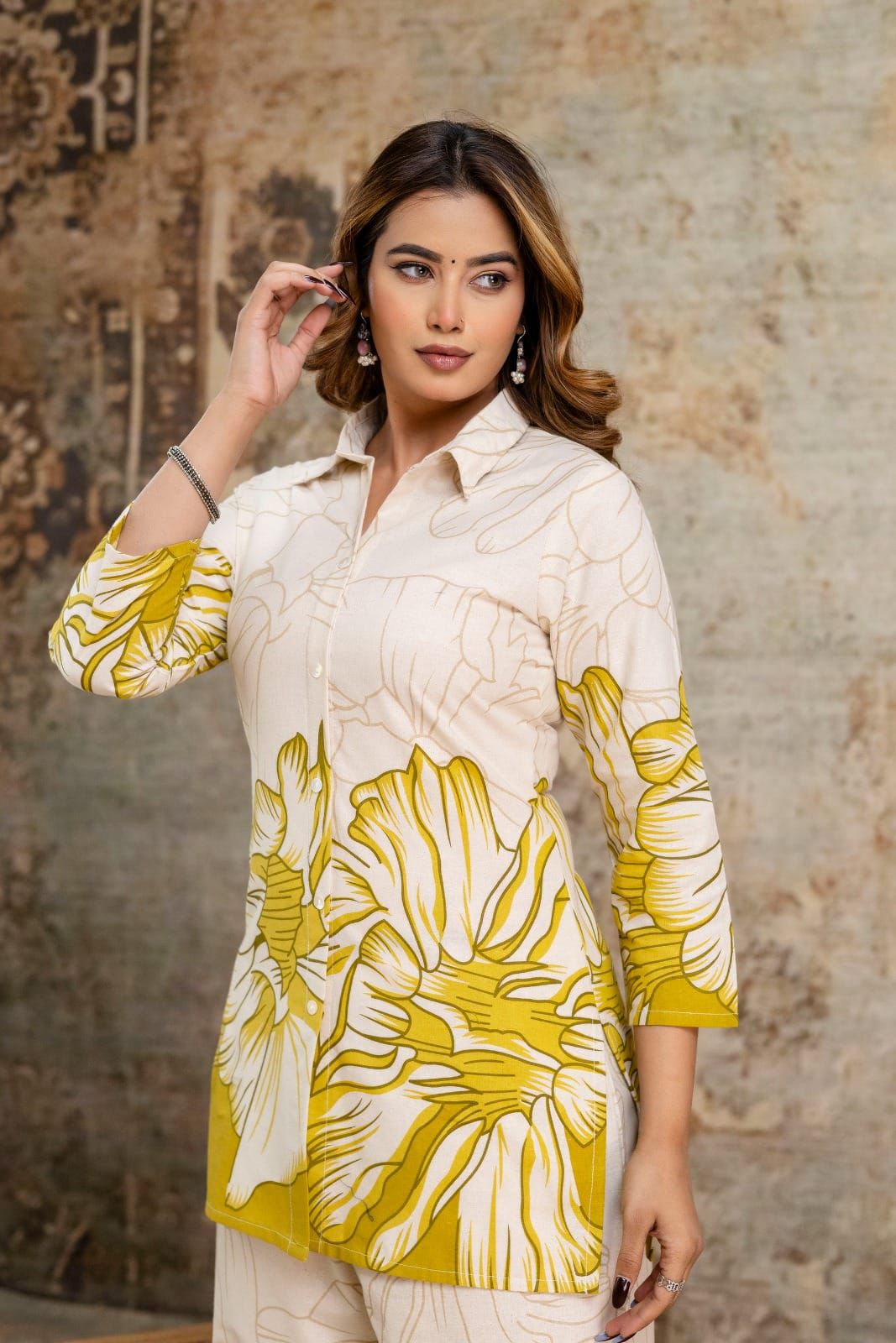 Yellow Printed Classy Cotton Cord Set