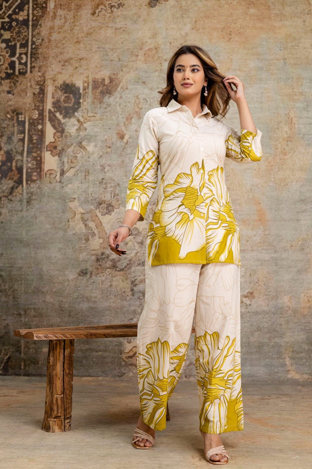 Yellow Printed Classy Cotton Cord Set